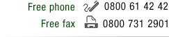 Free phone:0800 61 42 42, Free fax:0800 731 2901